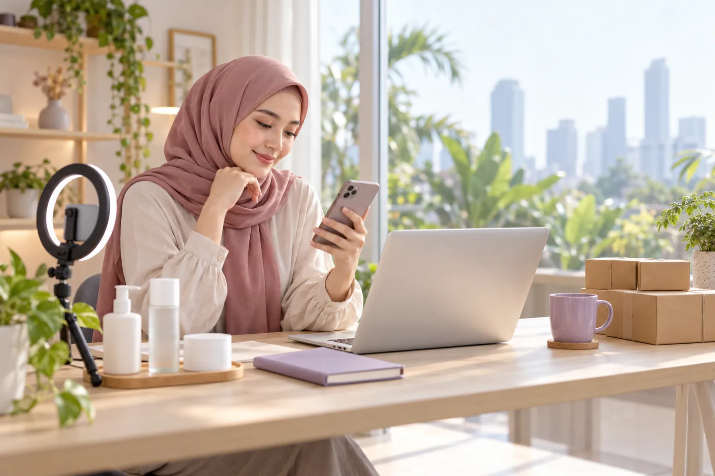 Penjual memeriksa konten TikTok dengan ponsel dan laptop di meja kerja