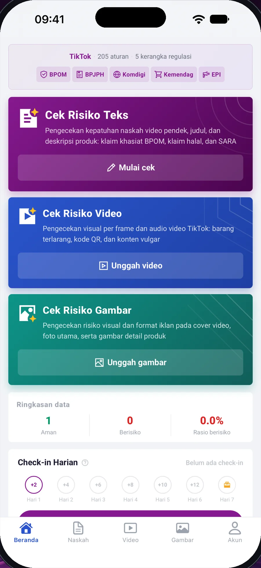 Tampilan aplikasi ByeRisk: Cek naskah, video, dan gambar