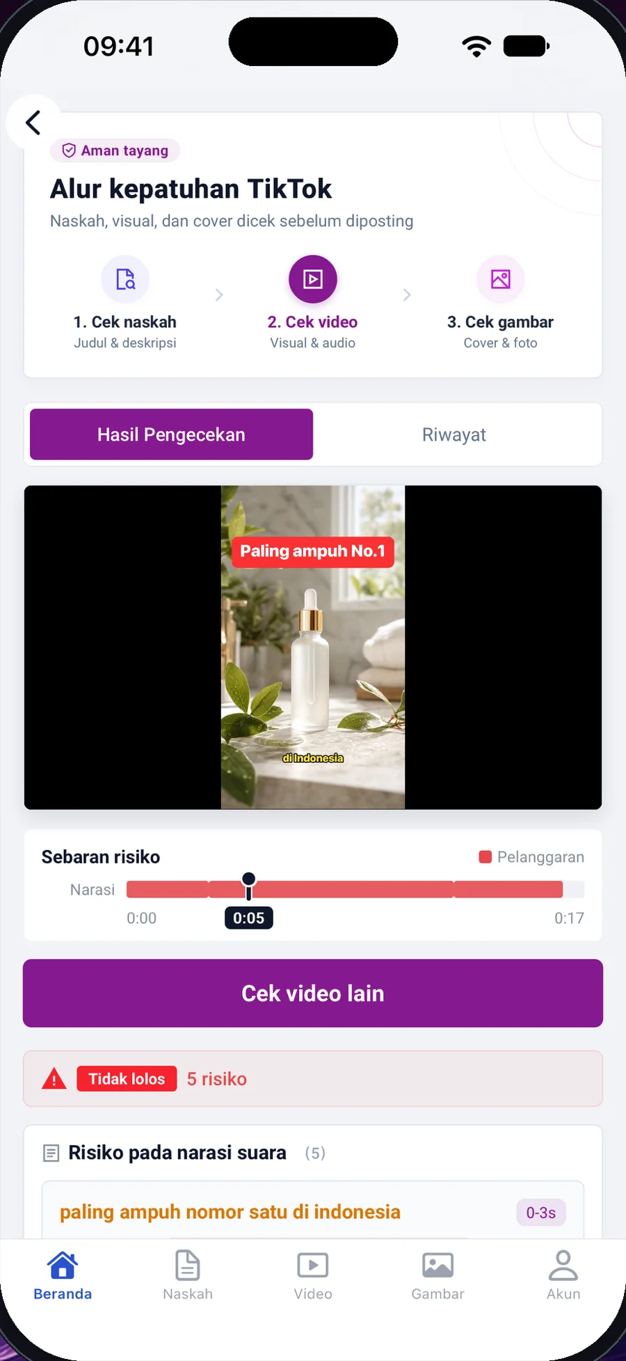 Tampilan aplikasi ByeRisk: Narasi video dicek per kalimat