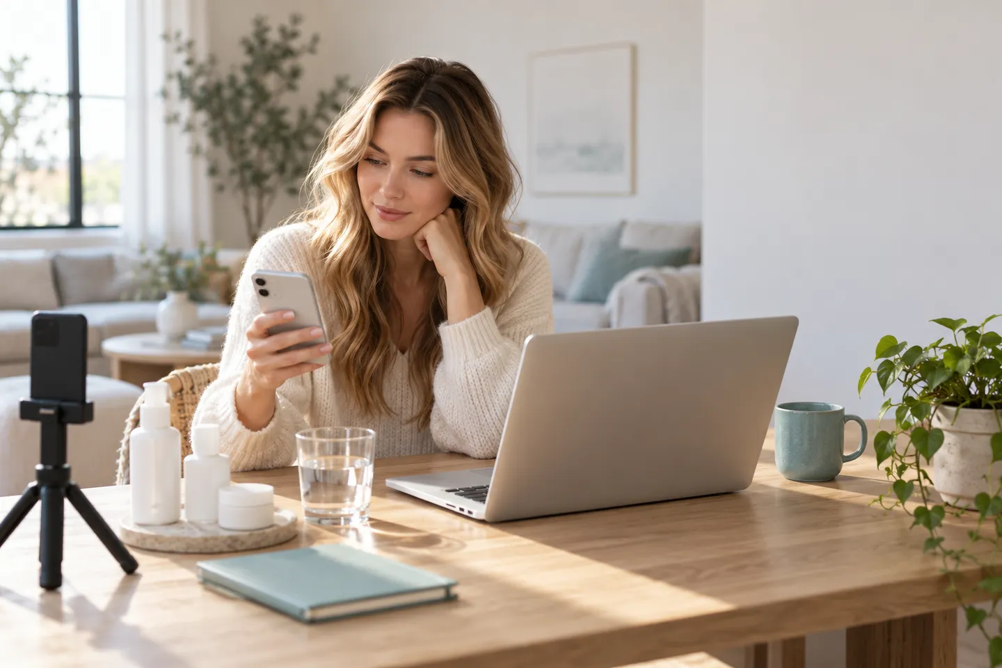 Creator reviewing content on a phone and laptop at her desk