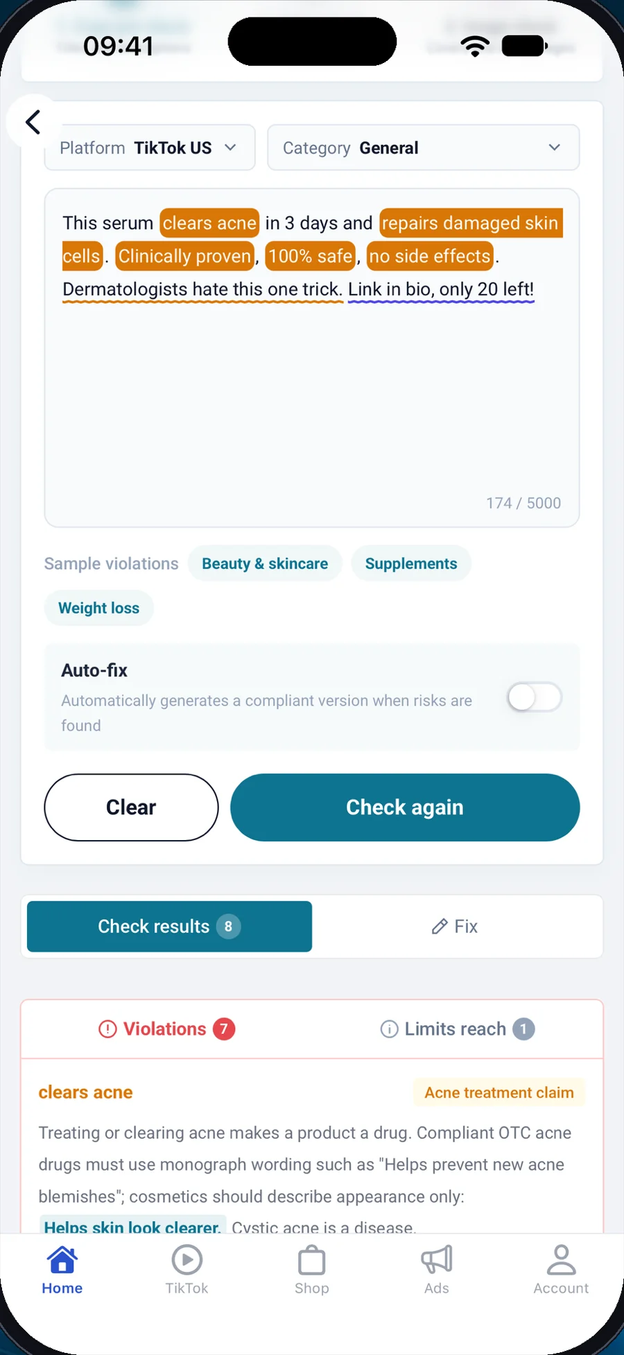 ByeRisk app screen: Risky claims flagged line by line