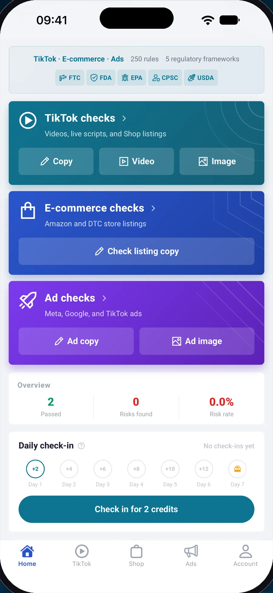 ByeRisk app screen: TikTok, e-commerce and ad checks