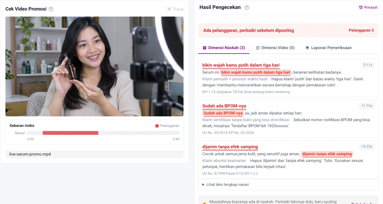 Hasil cek video: sebaran risiko pada garis waktu, tiap kalimat narasi yang bermasalah diberi alasan dan saran perbaikan