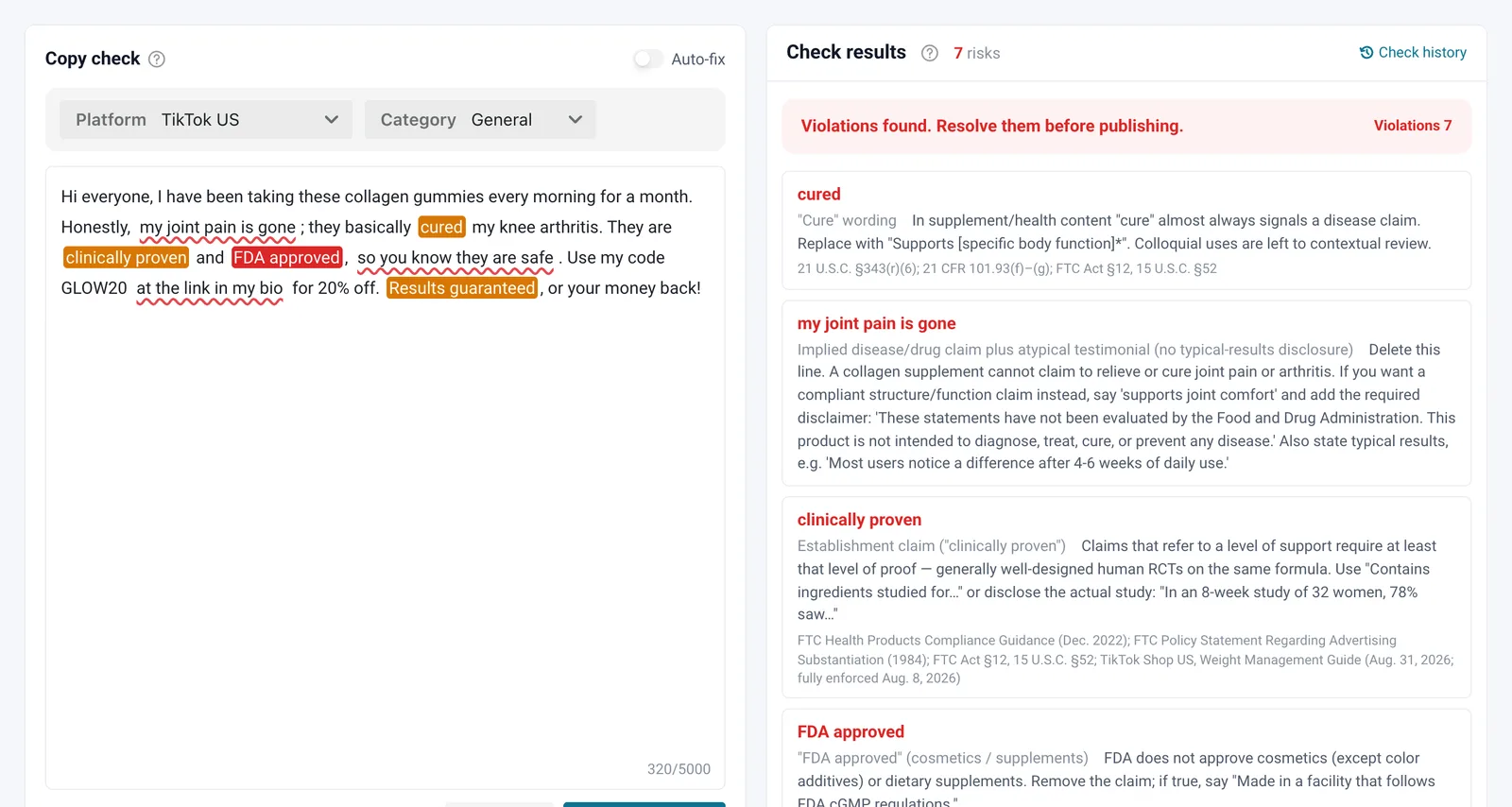 ByeRisk text check result for a TikTok Shop caption, with flagged phrases highlighted and the rule cited for each finding