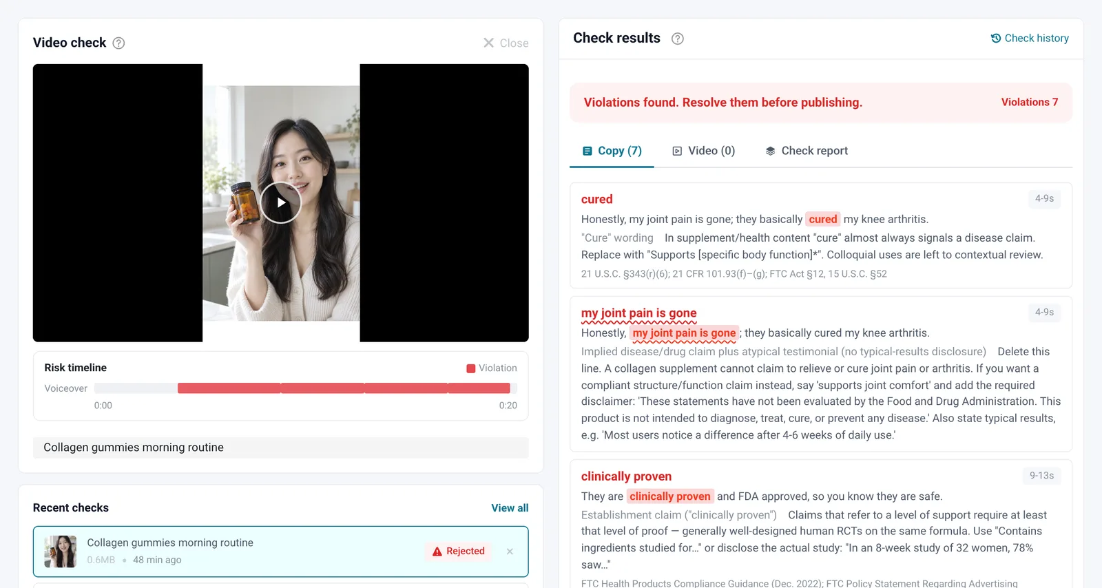ByeRisk video check result with a timeline of findings across speech, on-screen text and frames